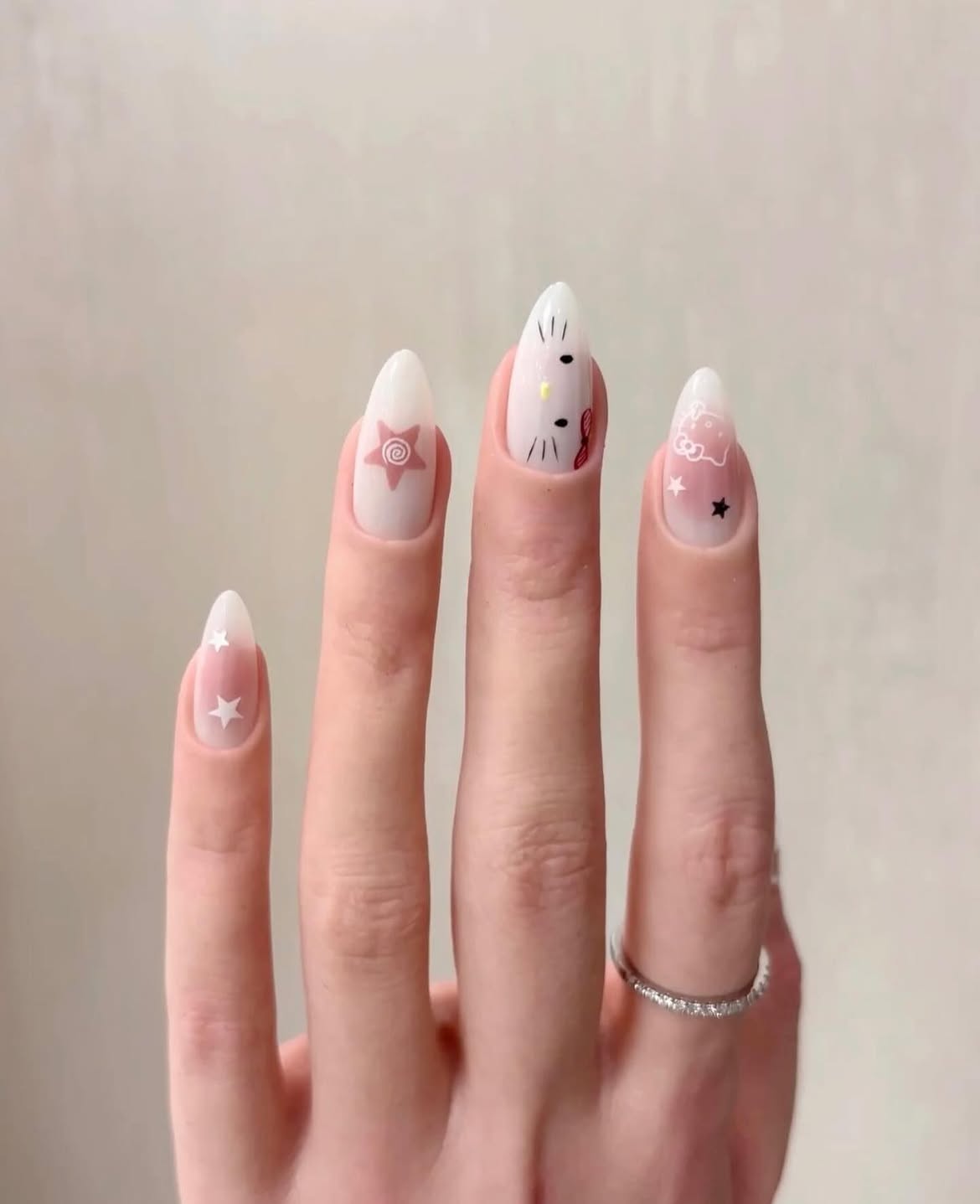 Milky White Hello Kitty Almond Shaped Nails
