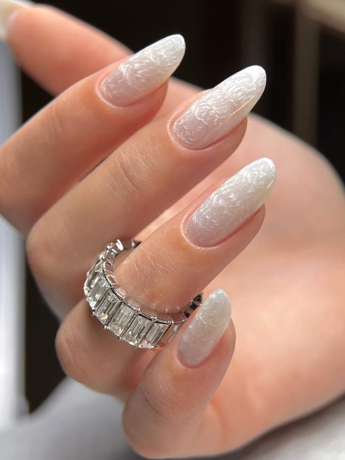 Milky White Marble Almond Nails