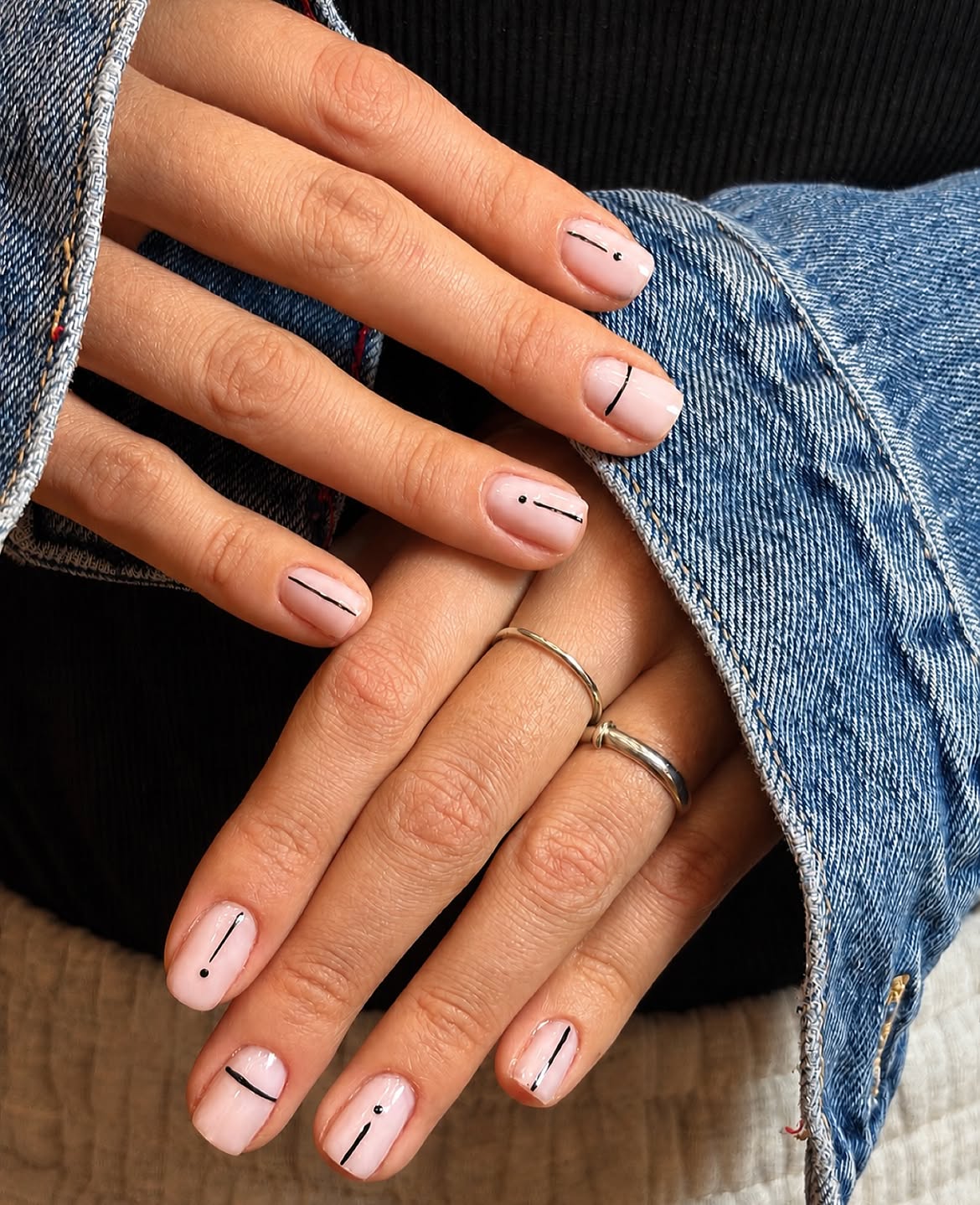 Minimalist Pink Nails with Black Line Art
