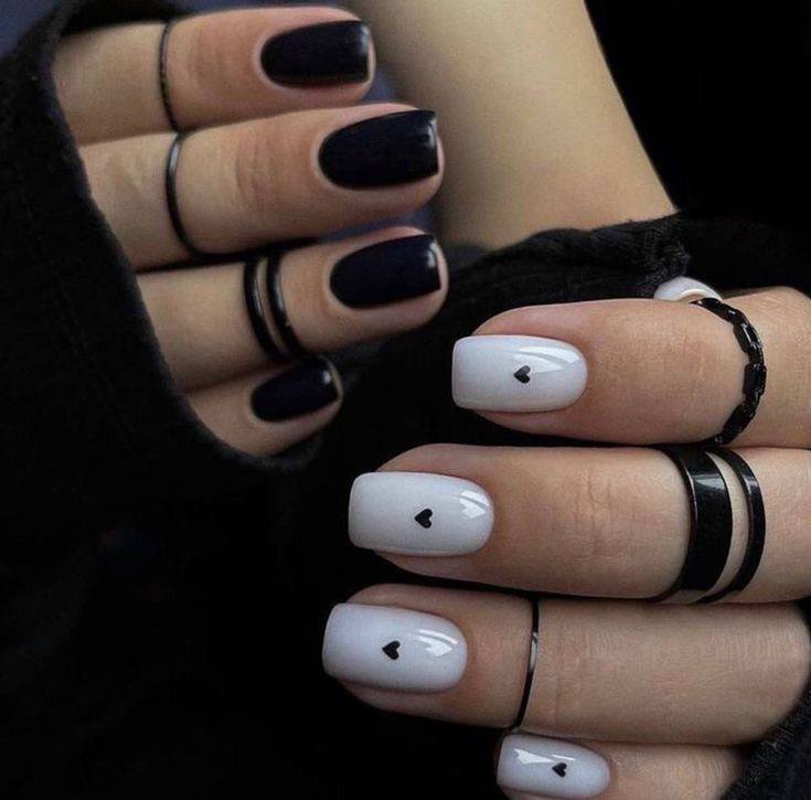 Mismatched Black and White Heart Nails