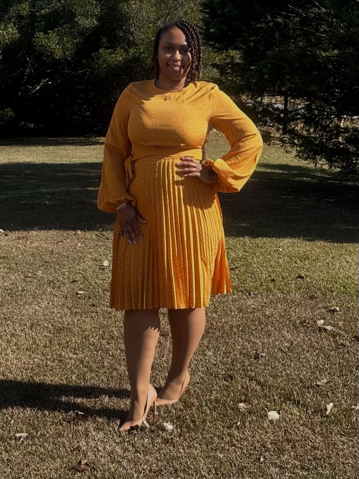 Mustard Polka Dot Pleated Midi Dress