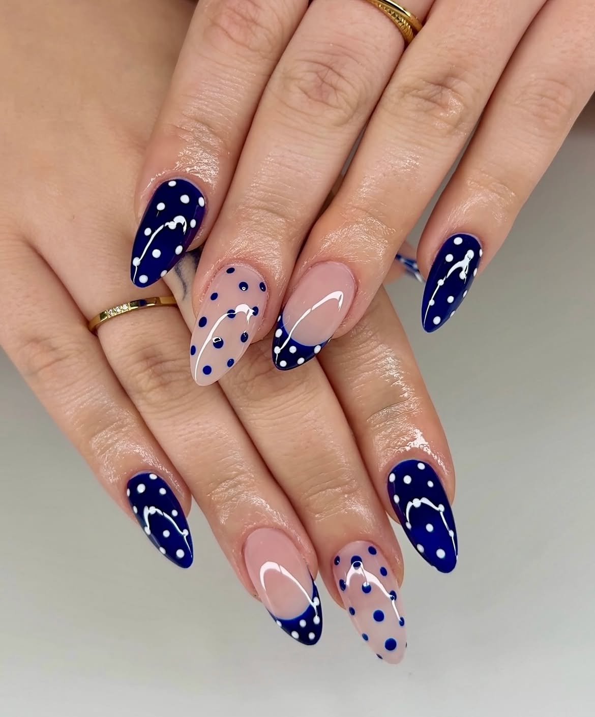 Navy Blue & Nude Polka Dot French Tips