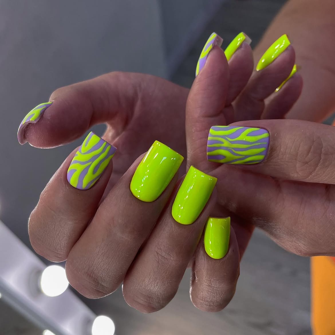 Neon Lime Green Zebra Print Square Nails