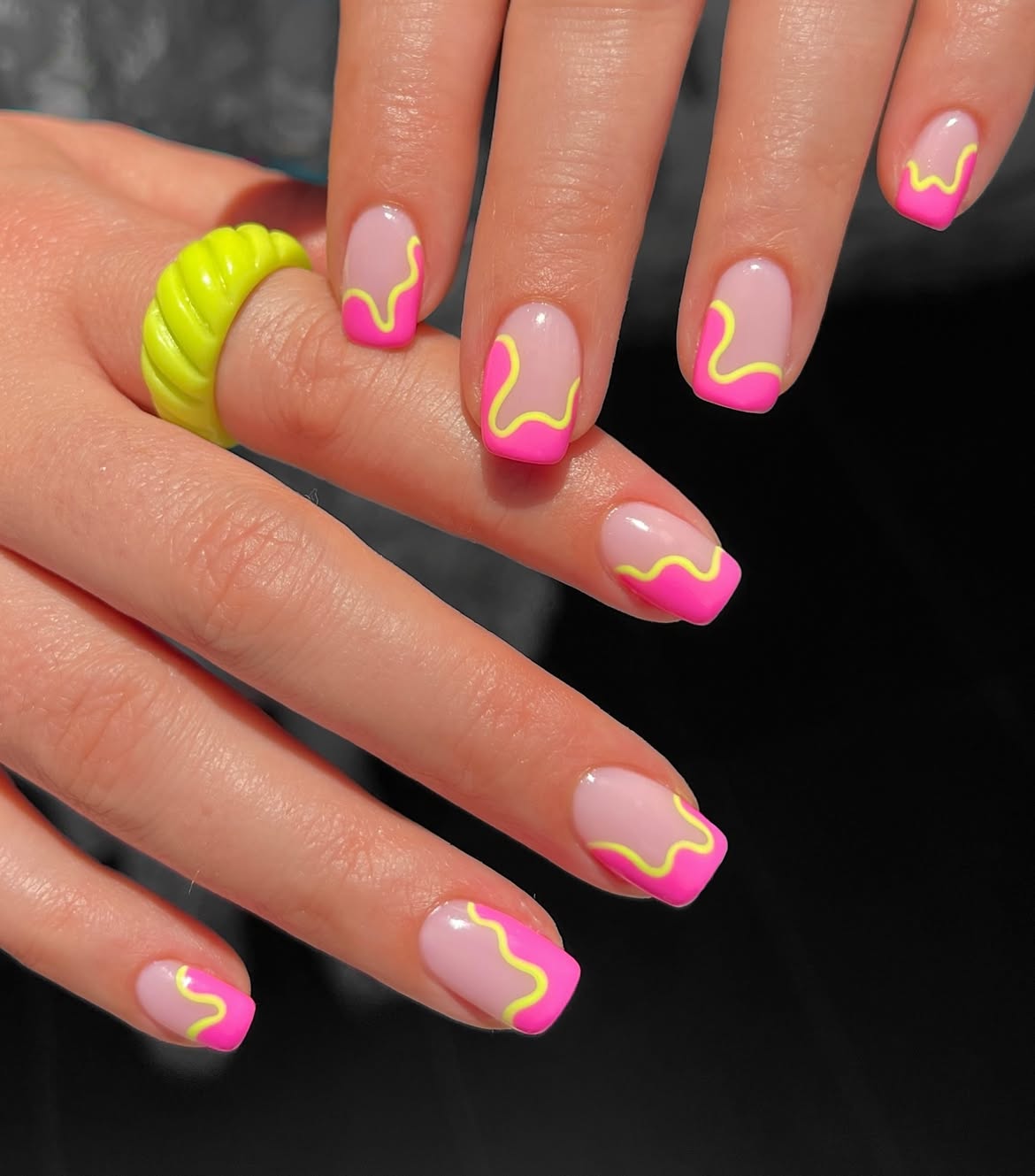 Neon Pink And Yellow Wavy Abstract French Tips