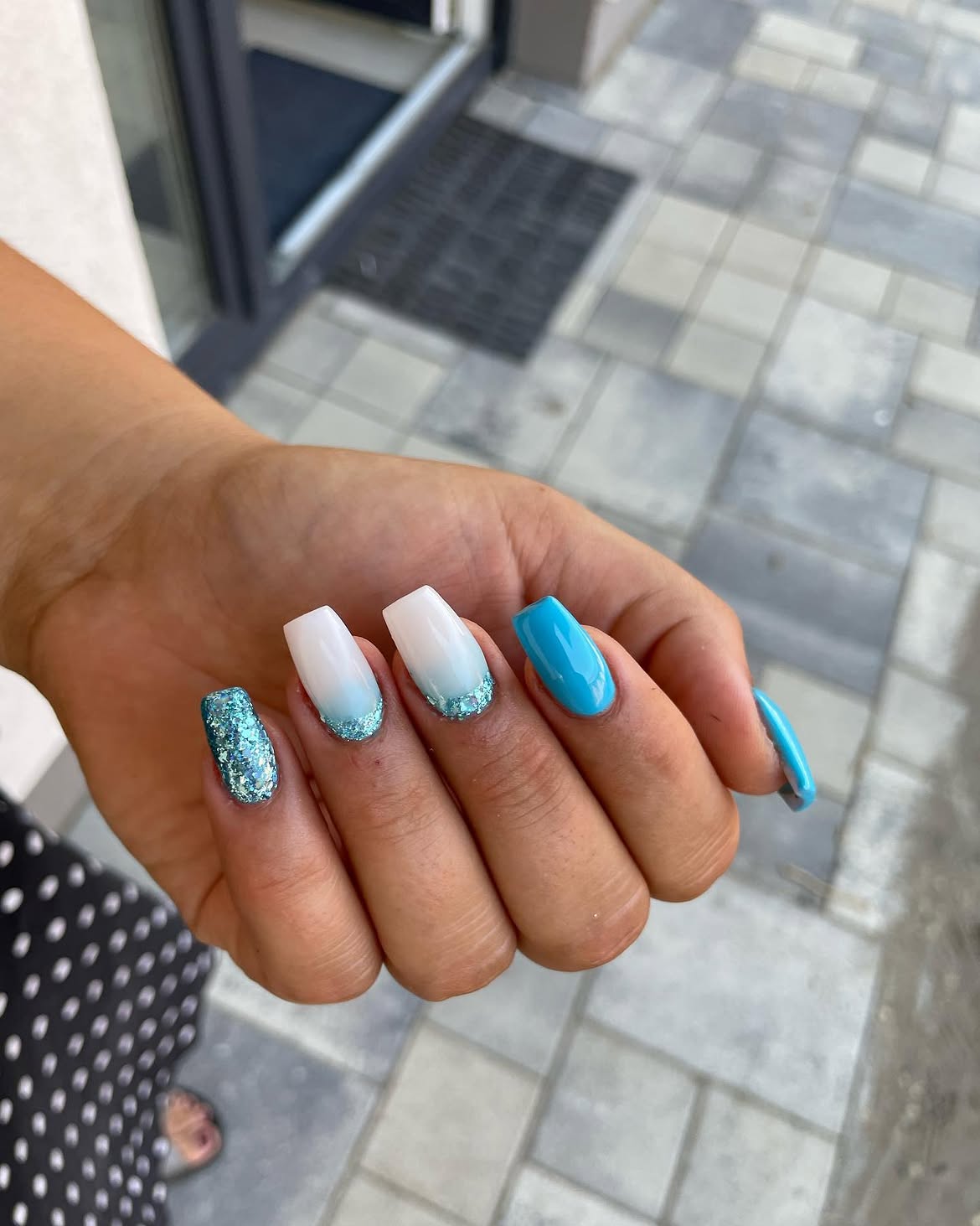 Ocean Blue Glitter Ombre Coffin Nails