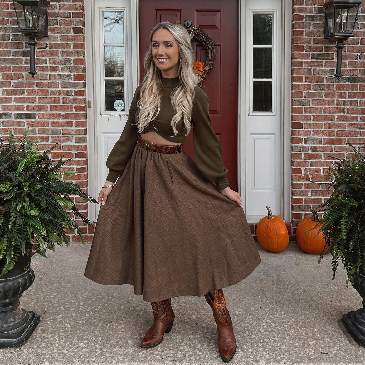 Olive Cropped Sweater And Brown Midi Skirt Thanksgiving Look