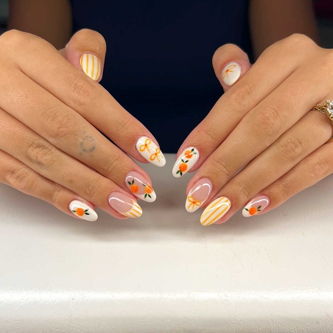 Orange Citrus Bow French Tip Almond Nails