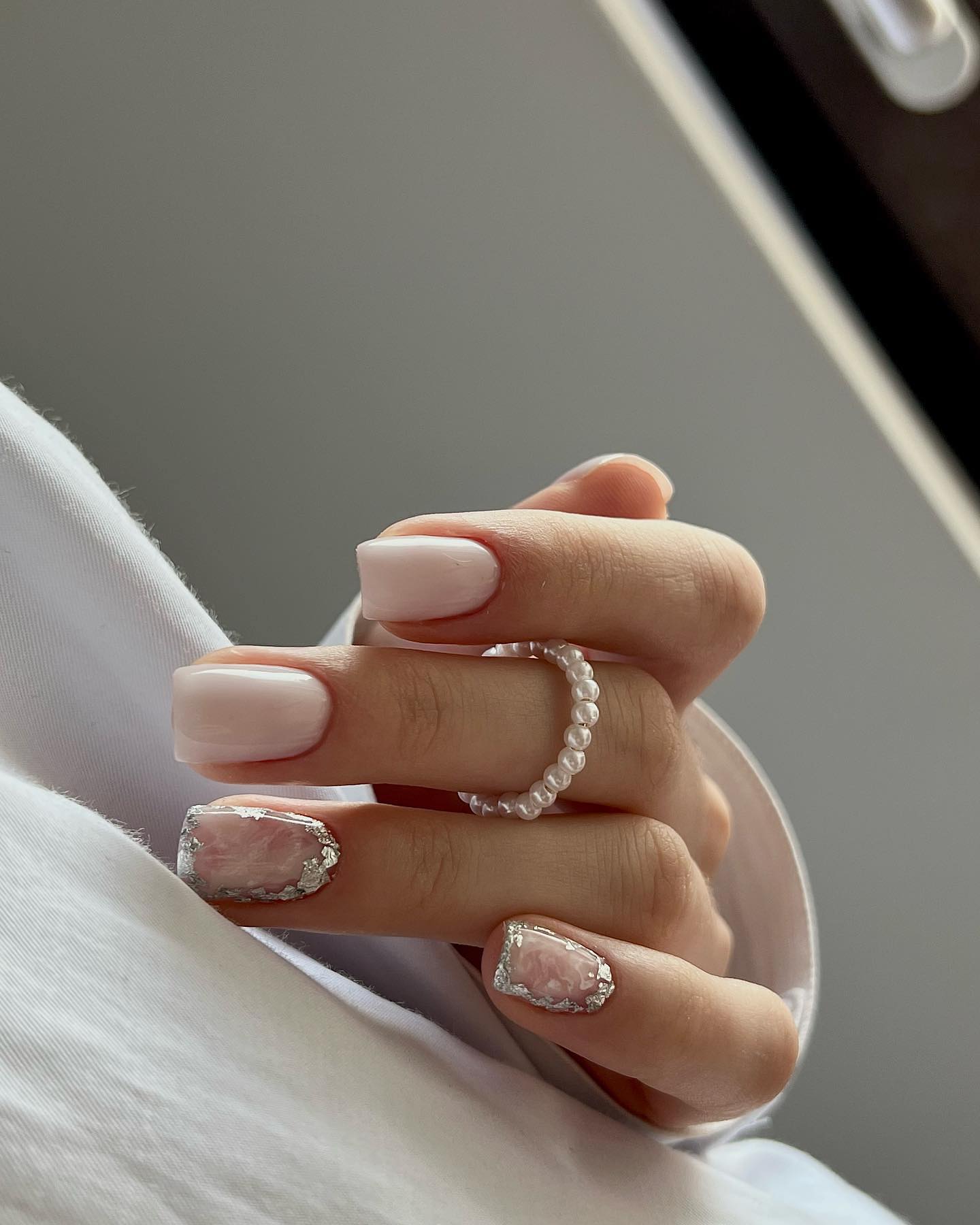Pale Pink Marble and Silver Foil Nails