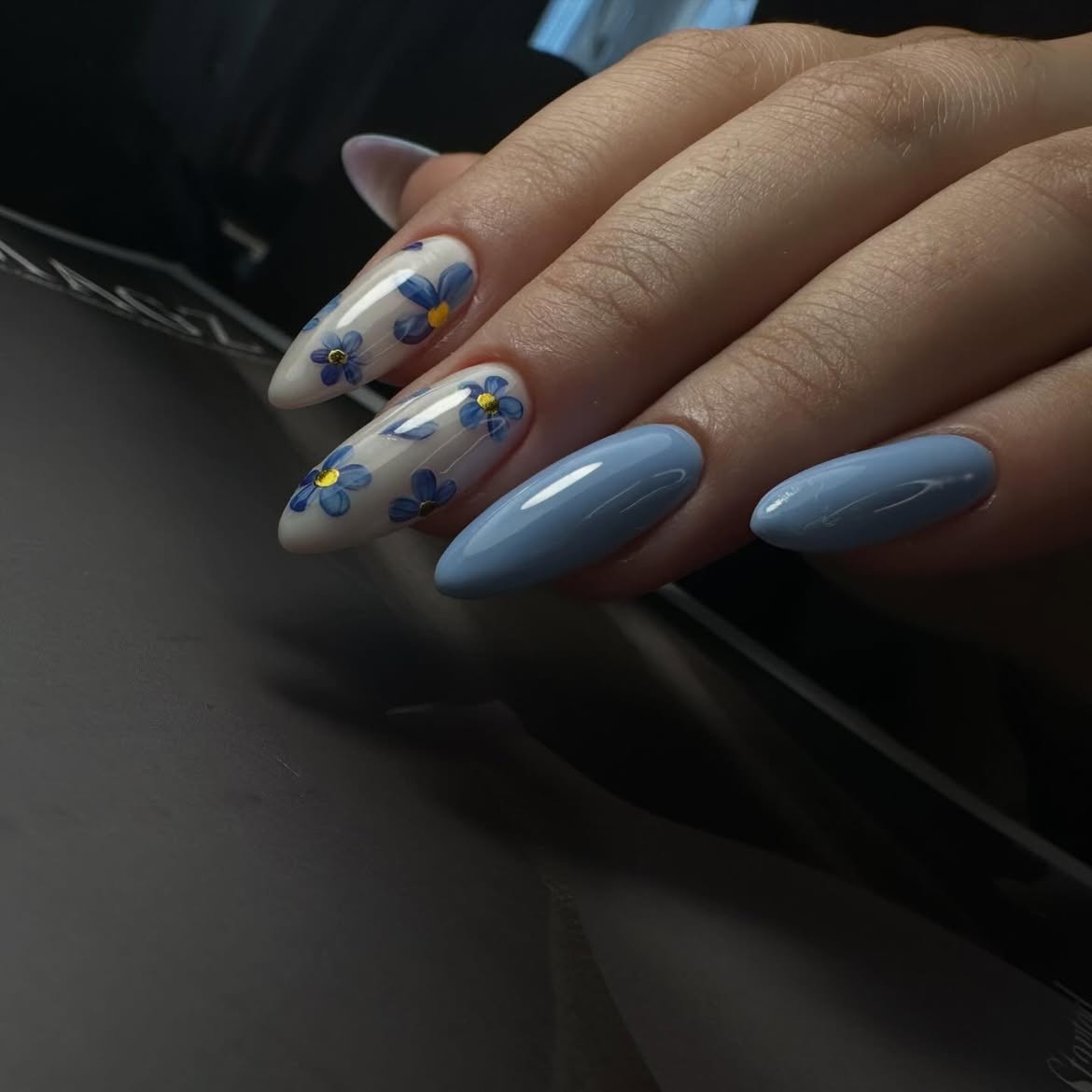 Pastel Blue Floral Almond Shaped Nails