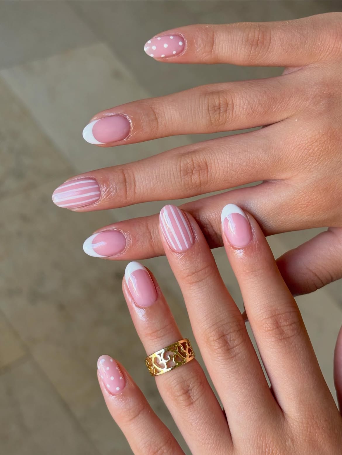 Pastel Pink French Tips with White Polka Dots & Stripes