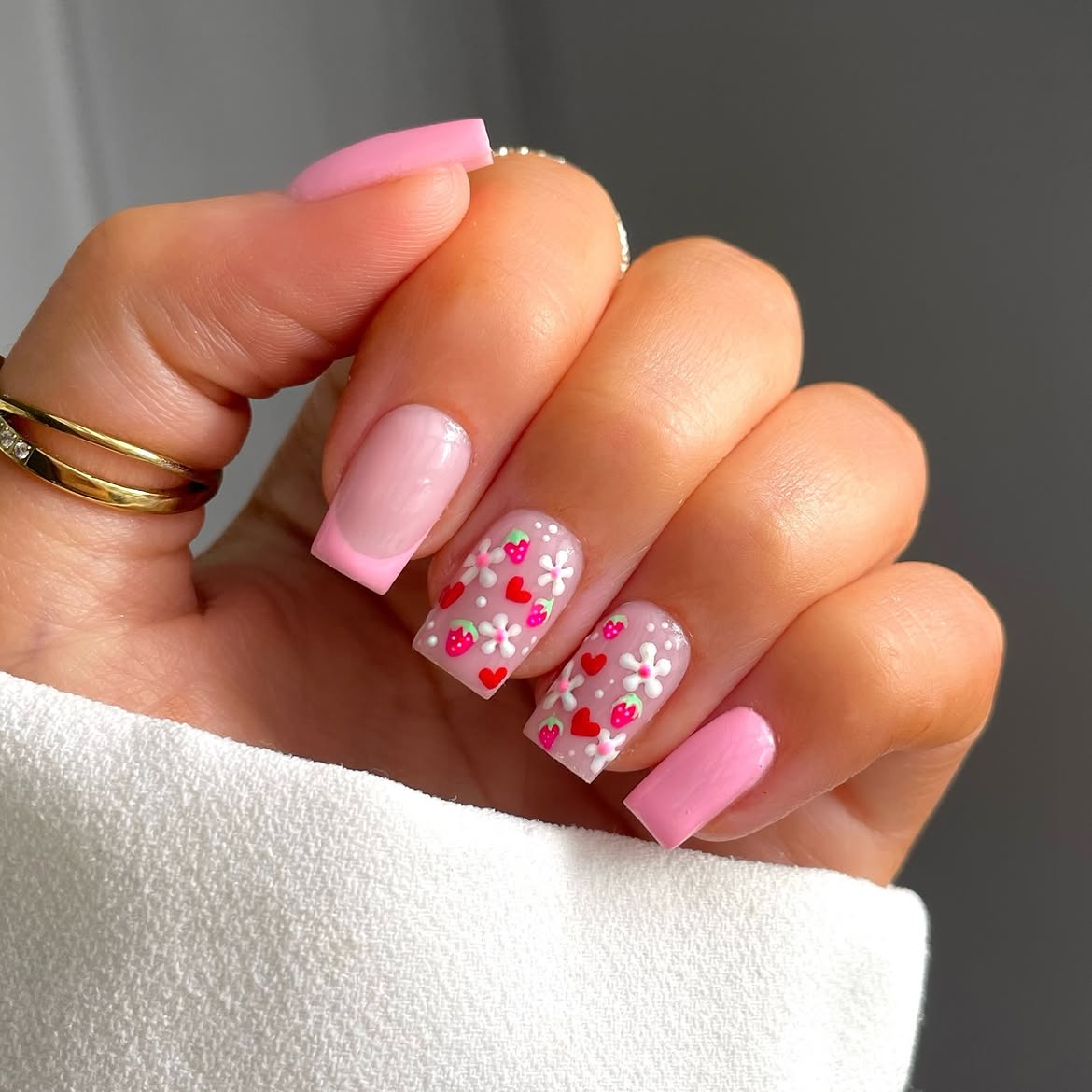 Pastel Pink Strawberry And Floral Square Nails