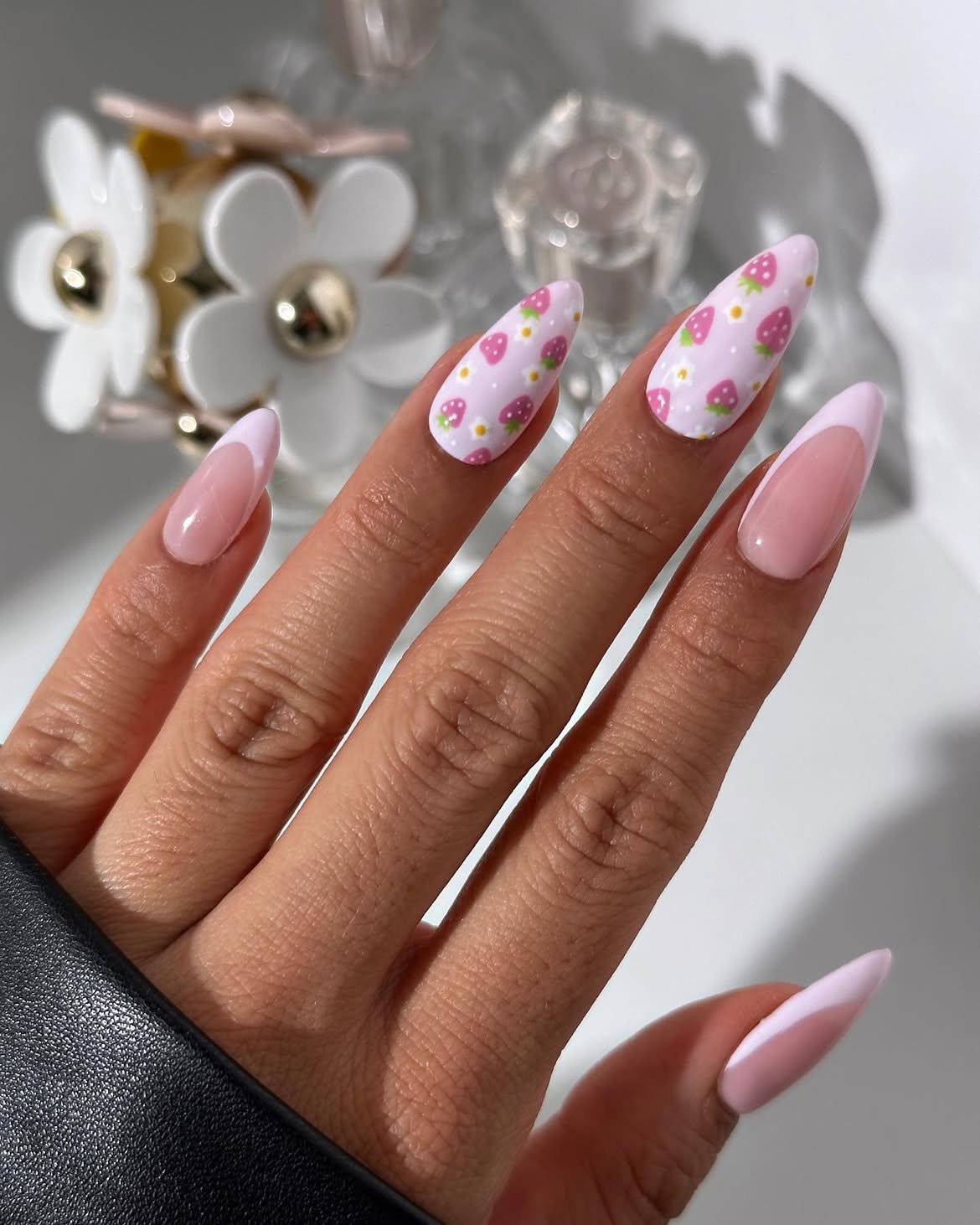 Pastel Strawberry French Tip Almond Nails