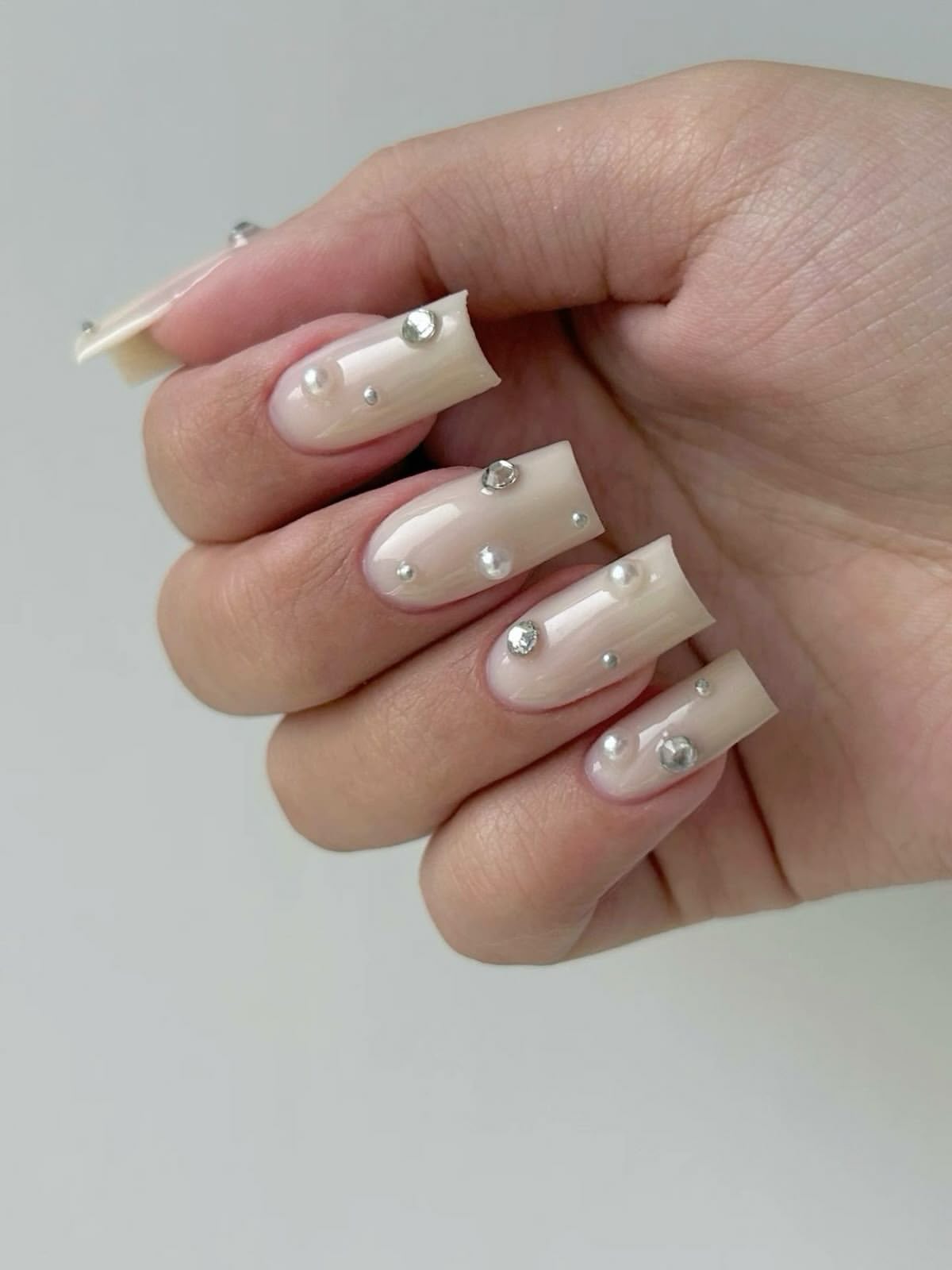 Pearl and Crystal Embellished Milky Nude Nails