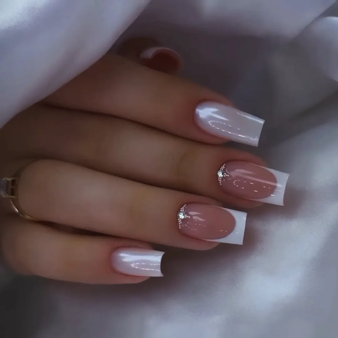 Pearl French Tip Square Nails with Rhinestone Accent