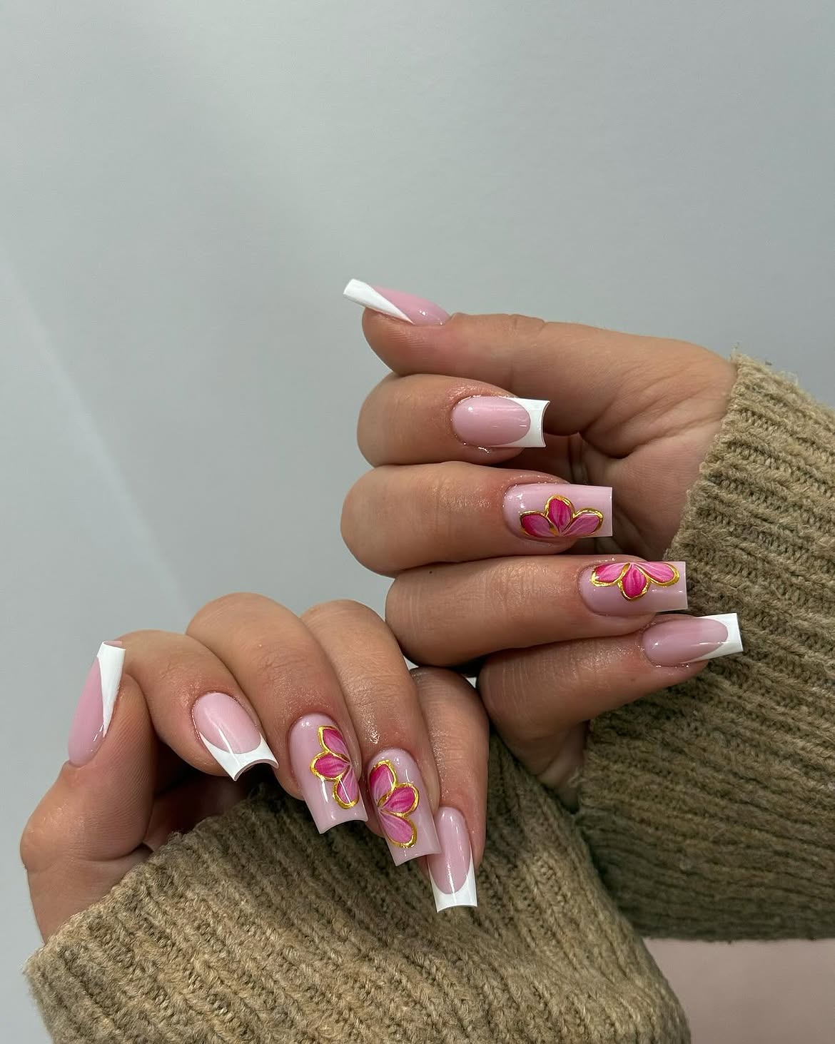 Pink Floral French Tip Square Nails