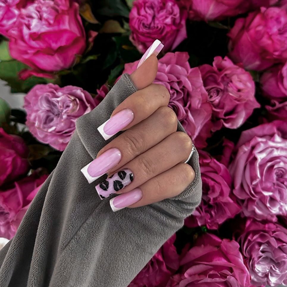 Pink French Tip Square Nails with Leopard Accent