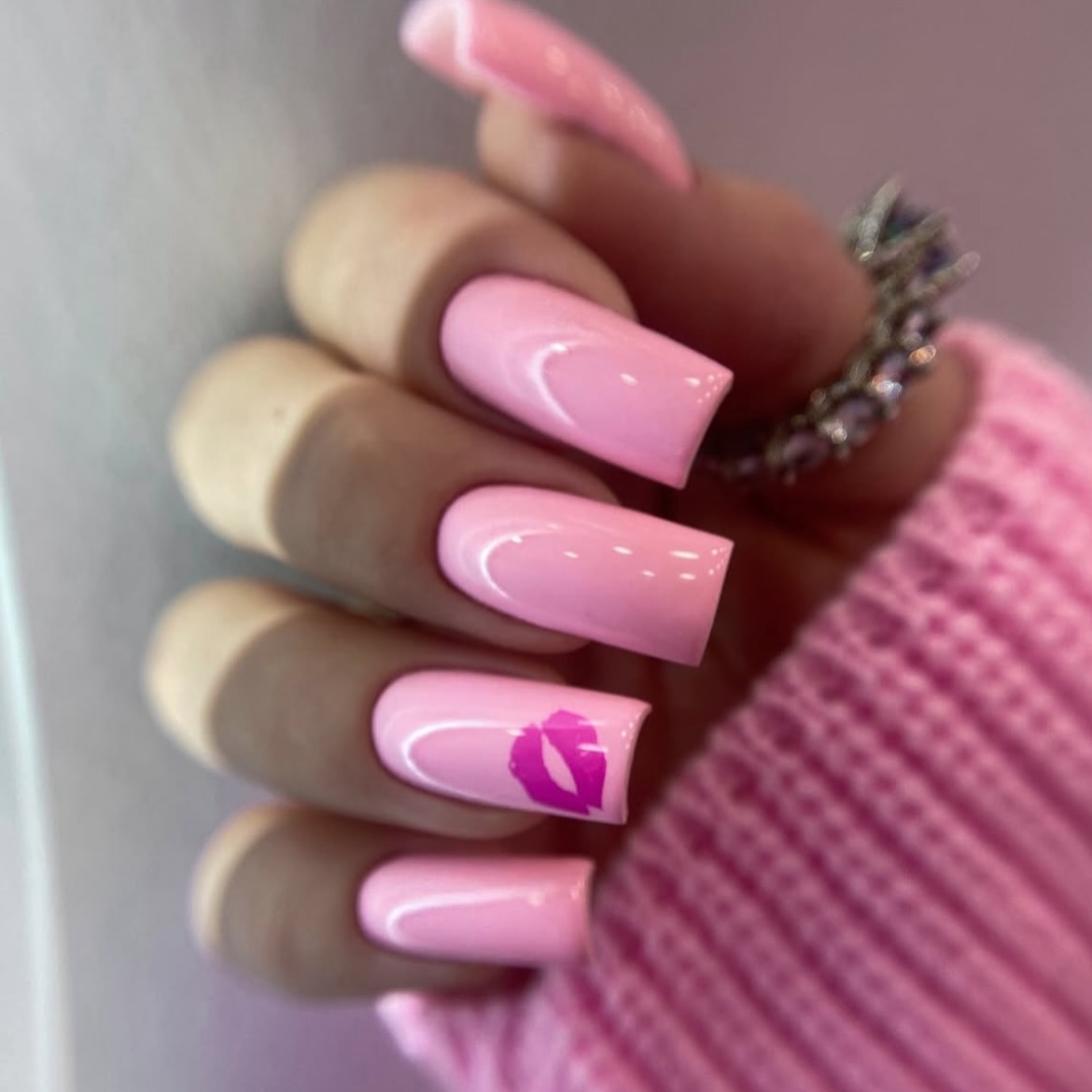 Pink Glossy Square Nails With Hot Pink Lips