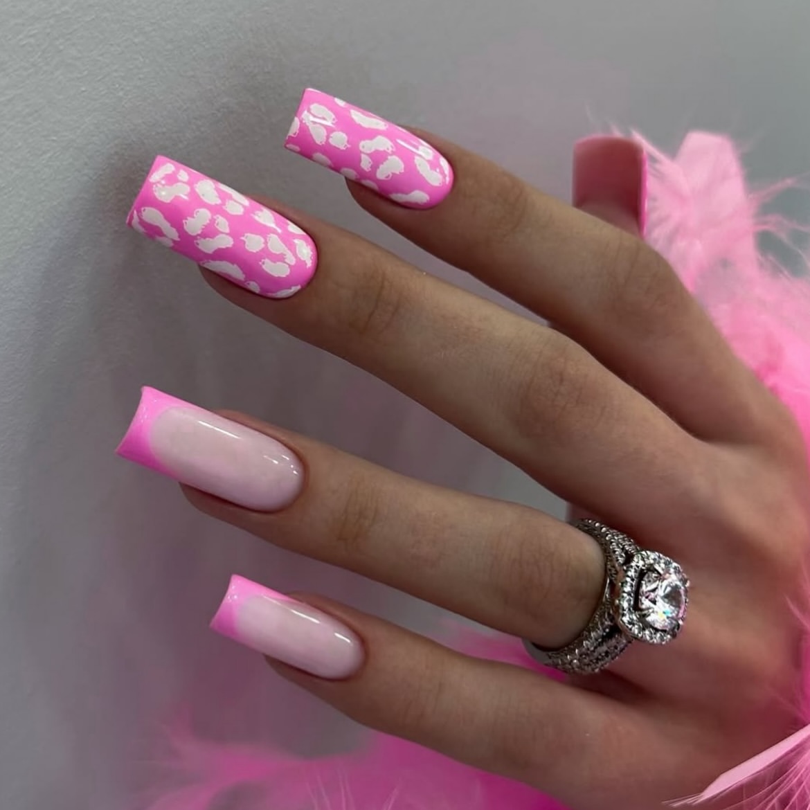 Pink Leopard Print French Tip Square Nails