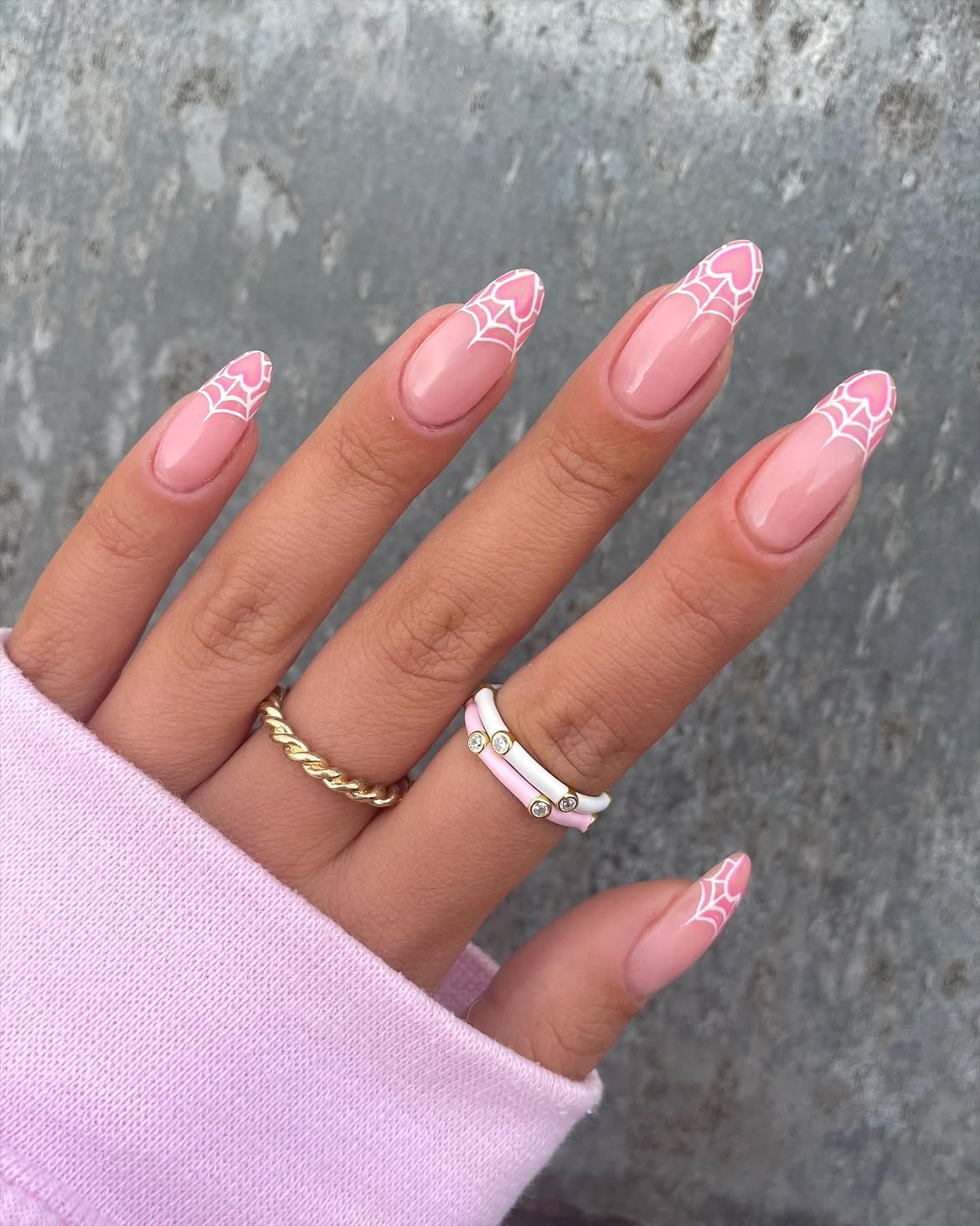 Pink Spiderweb Heart French Tip Almond Nails