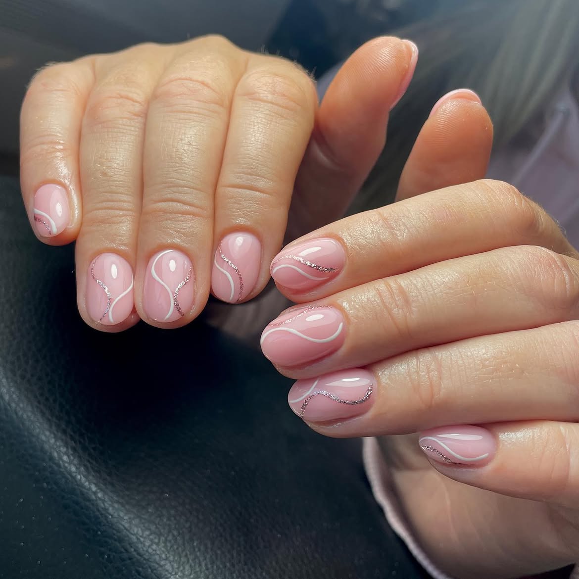 Pink Swirl French Tips with Silver Glitter Accent