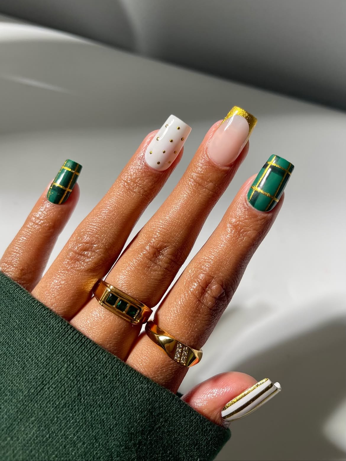 Plaid and Polka Dot French Tip Nails