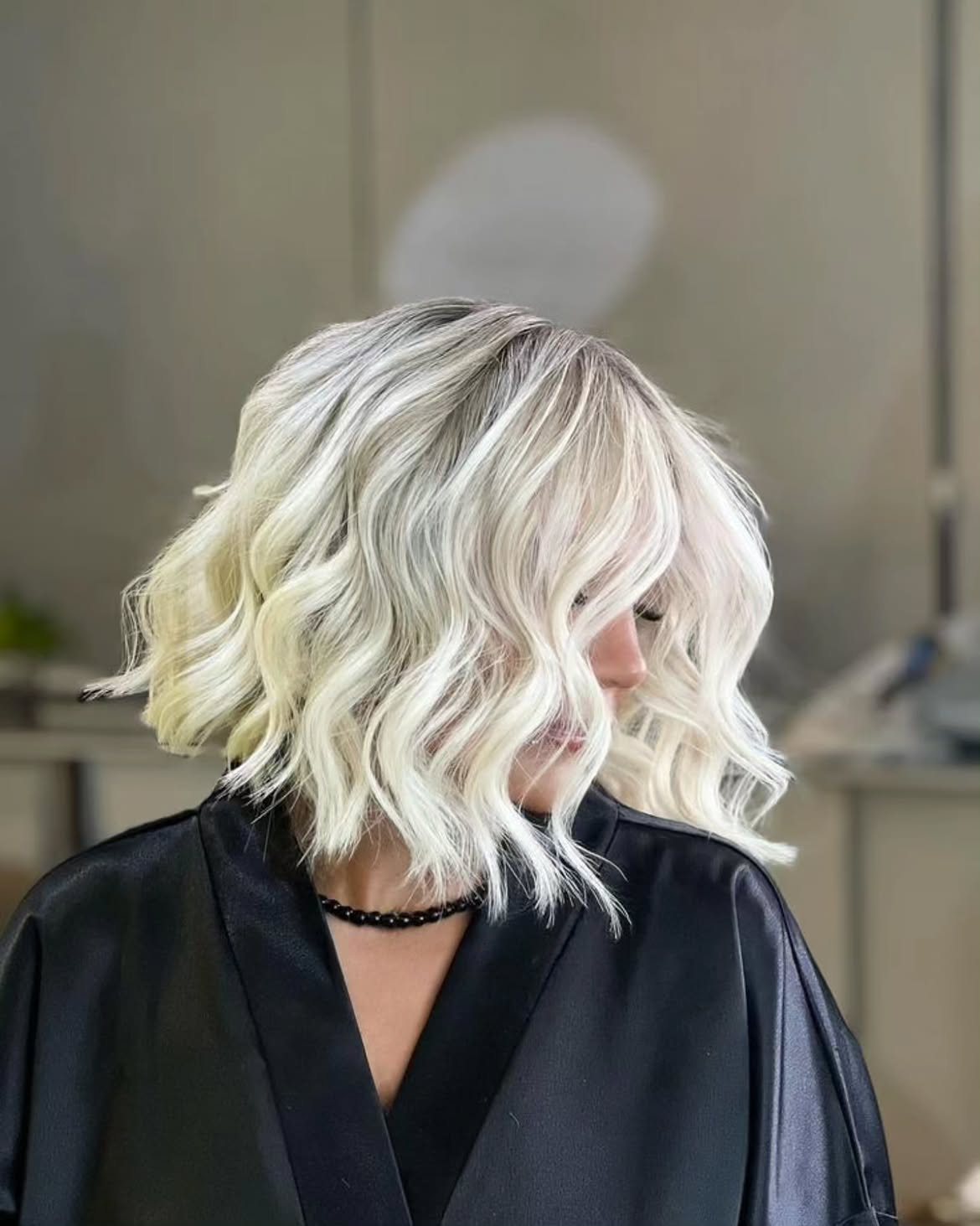 Platinum Blonde Beach Waves Bob With Face-Framing Layers