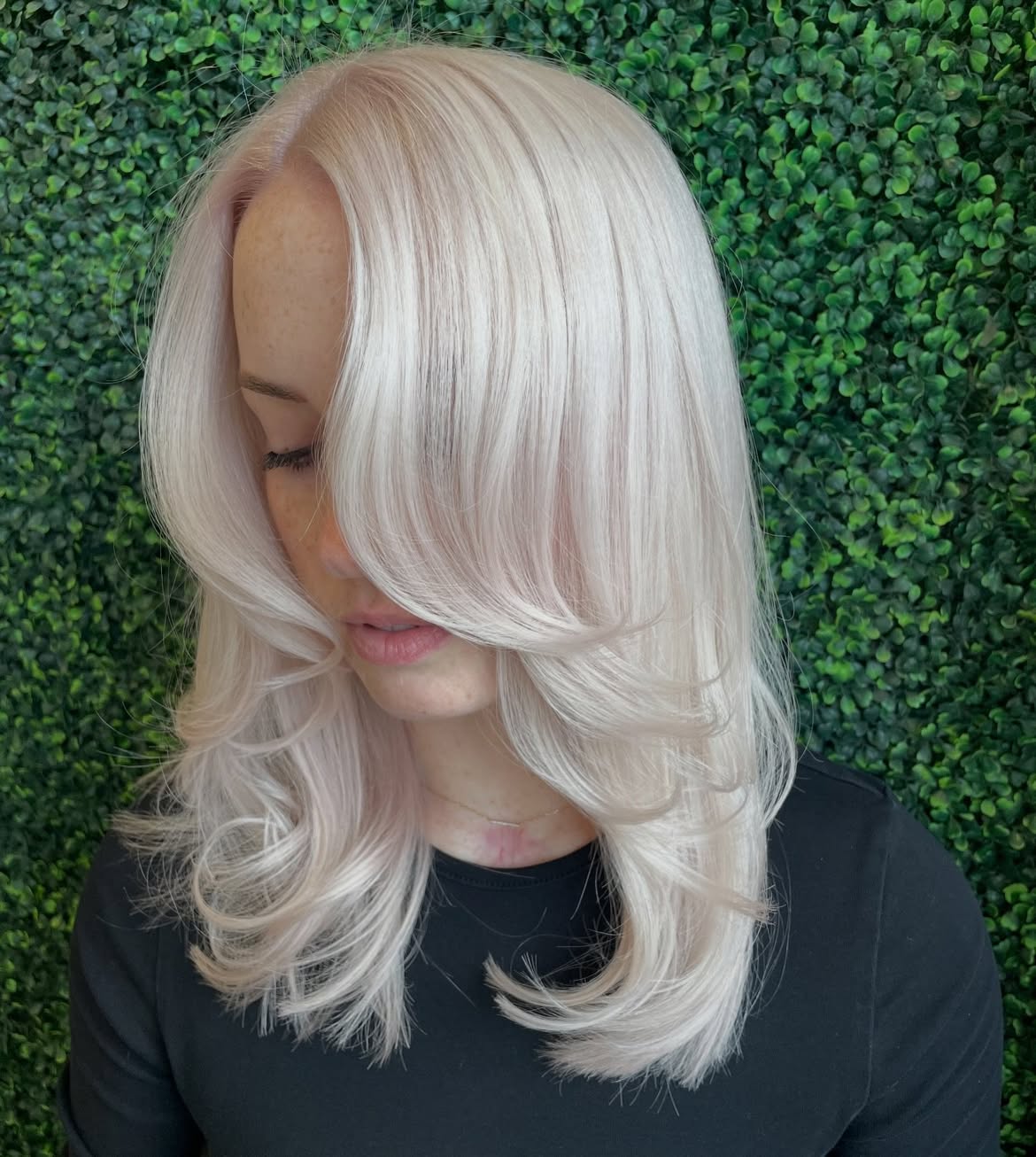 Platinum Blonde Butterfly Cut With Face Framing Layers