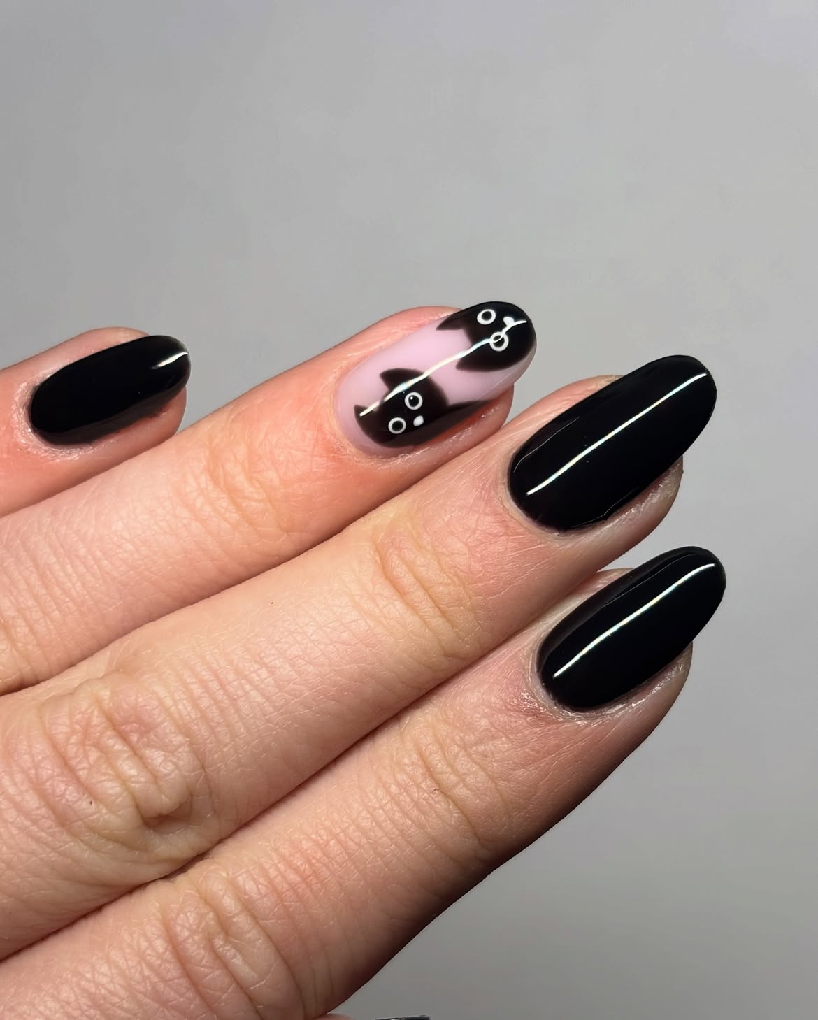 Playful Black Cat Halloween Oval Nails
