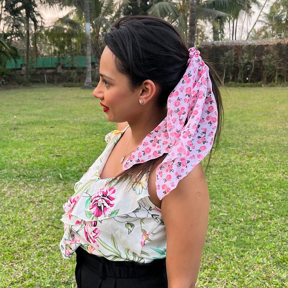 Polished Mid Height Ponytail With Floral Silk Scarf