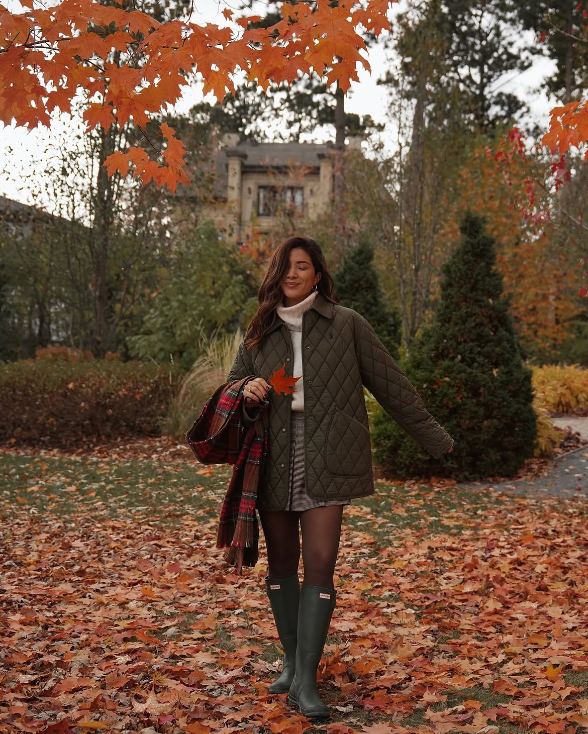 Quilted Jacket And Tartan Scarf Autumn Outfit