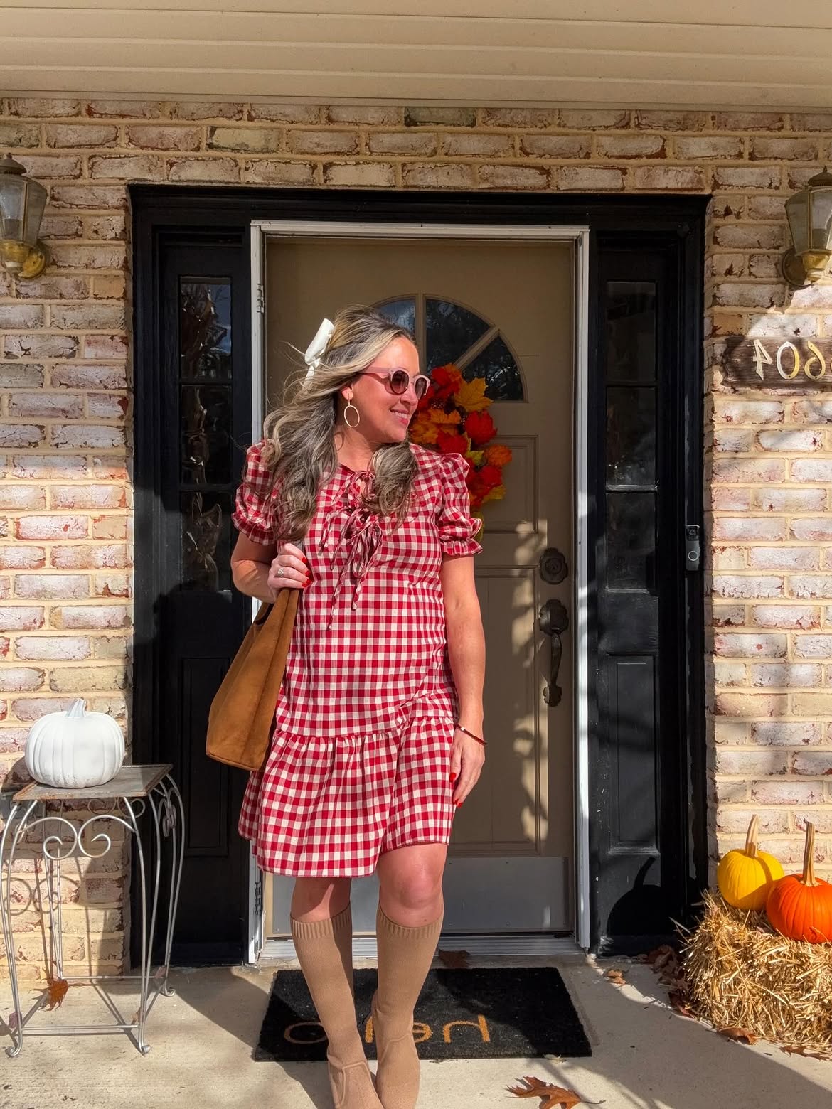 Red Gingham Mini Dress With Knee-High Boots