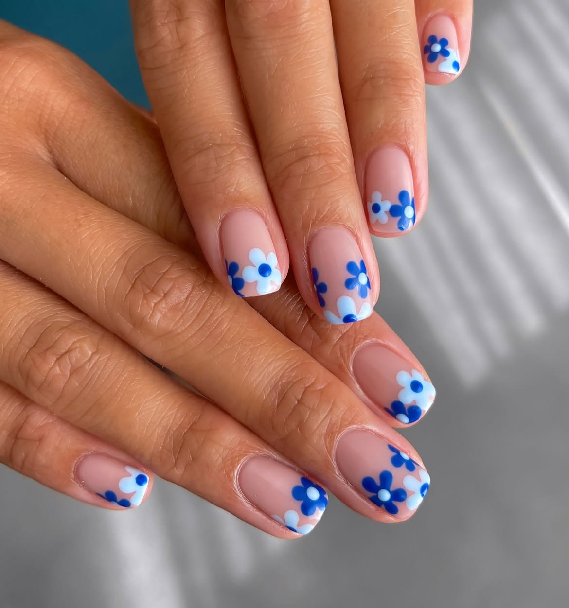 Retro Blue Daisy French Tip Nails