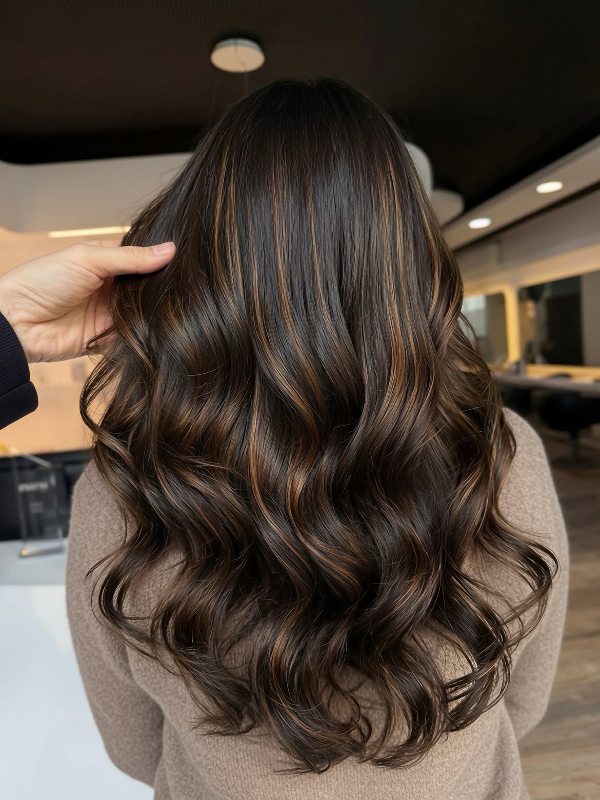 Rich Brunette Waves With Caramel Highlights