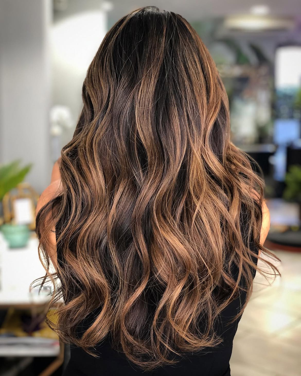 Rich Caramel Balayage On Long Brunette Layers