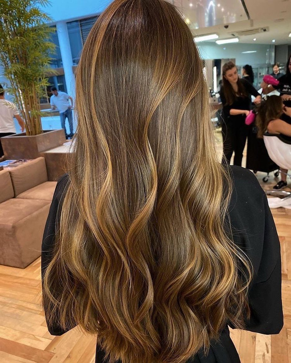 Rich Caramel Balayage On Long Brunette Layers