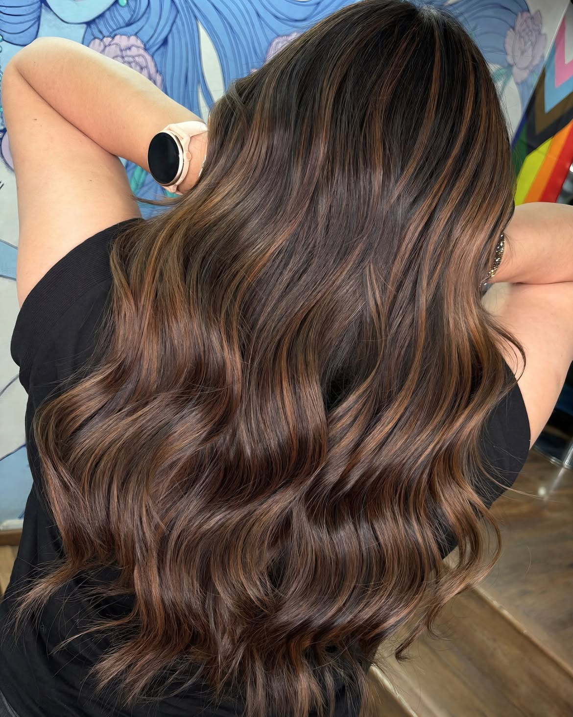 Rich Caramel Balayage On Long Brunette Layers