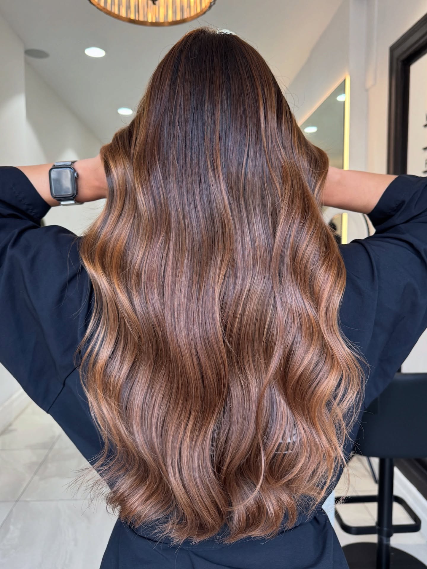 Rich Caramel Balayage On Long Wavy Brunette Hair