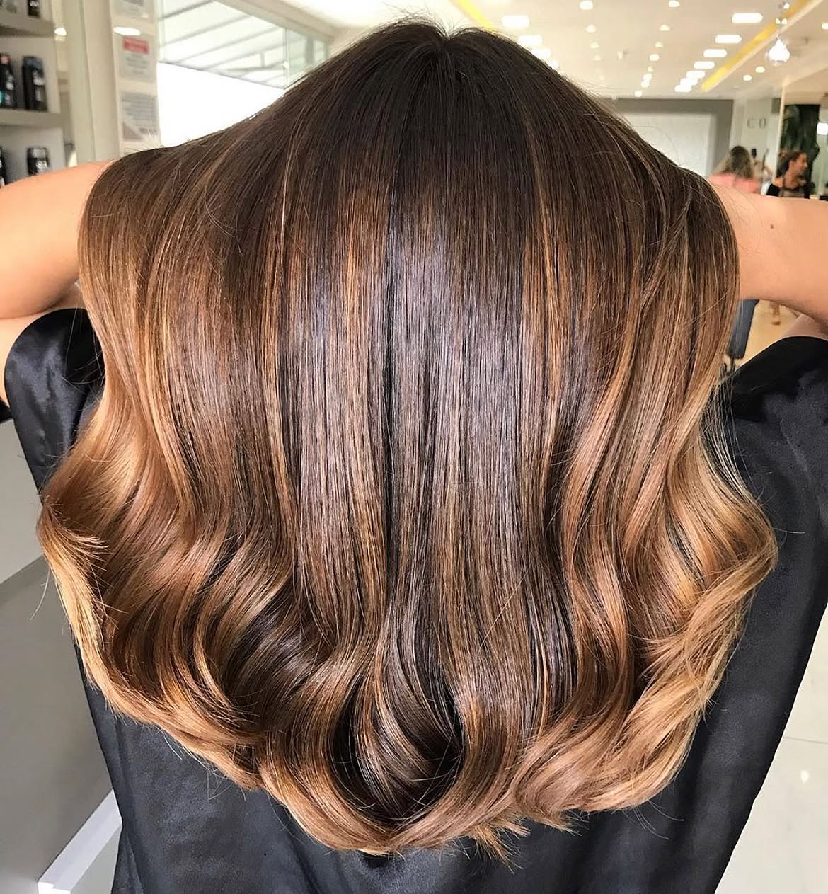 Rich Caramel Balayage On Sleek Mid Back Layers
