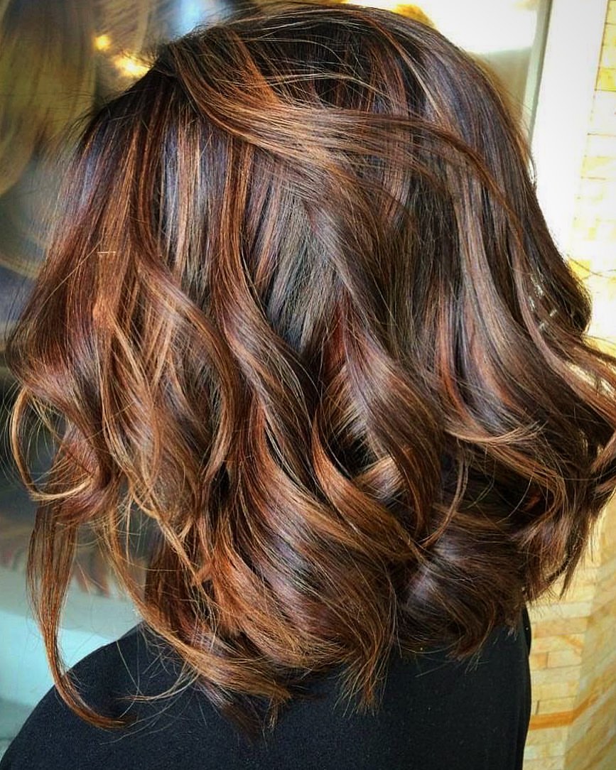 Rich Caramel Balayage On Textured Shoulder Length Layers