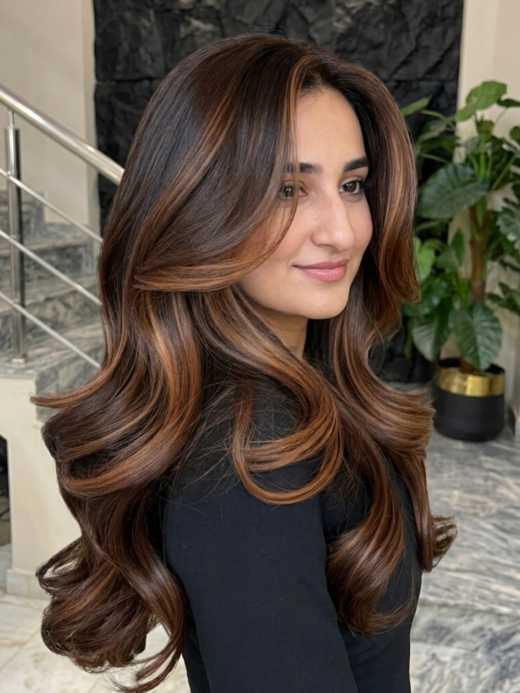 Rich Caramel Balayage With voluminous Face Framing Layers