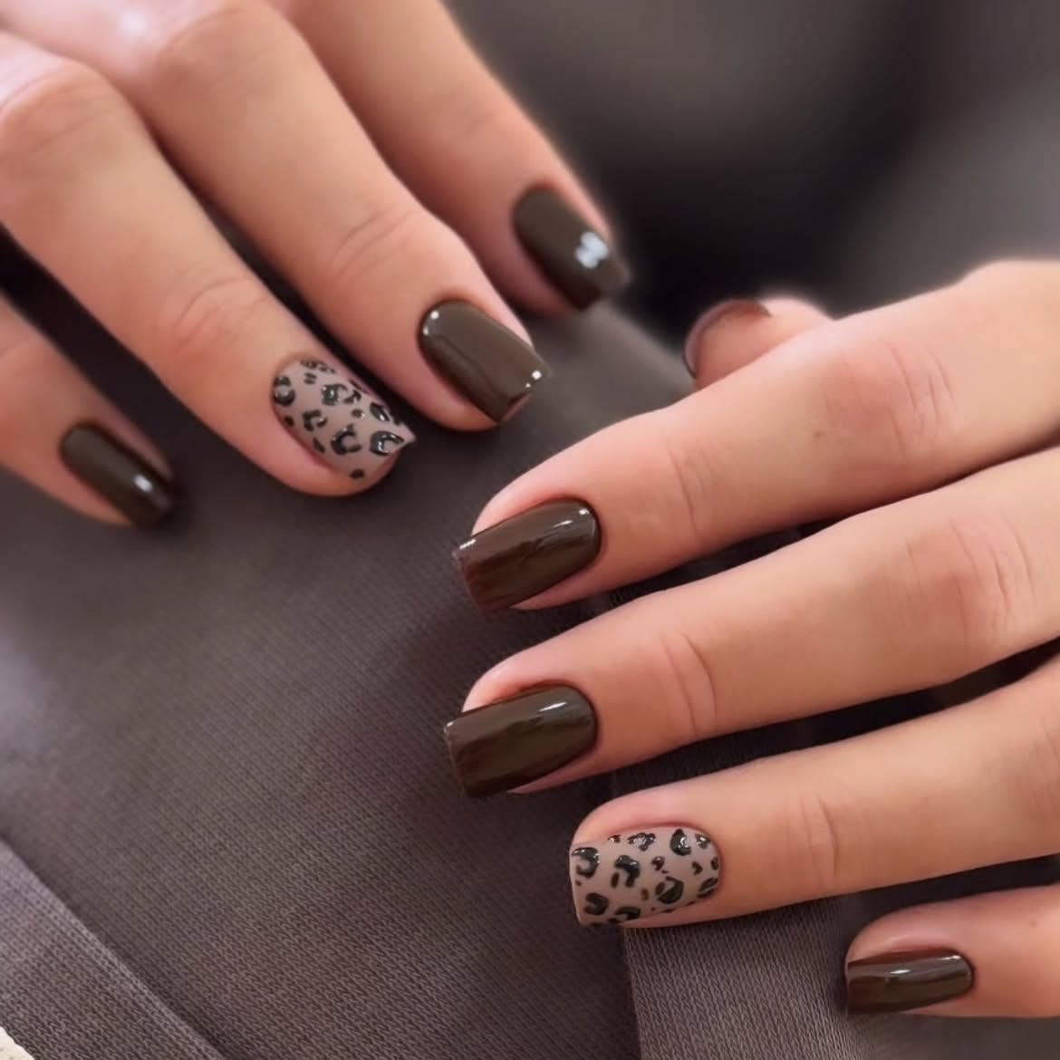 Rich Chocolate Leopard Print Square Nails