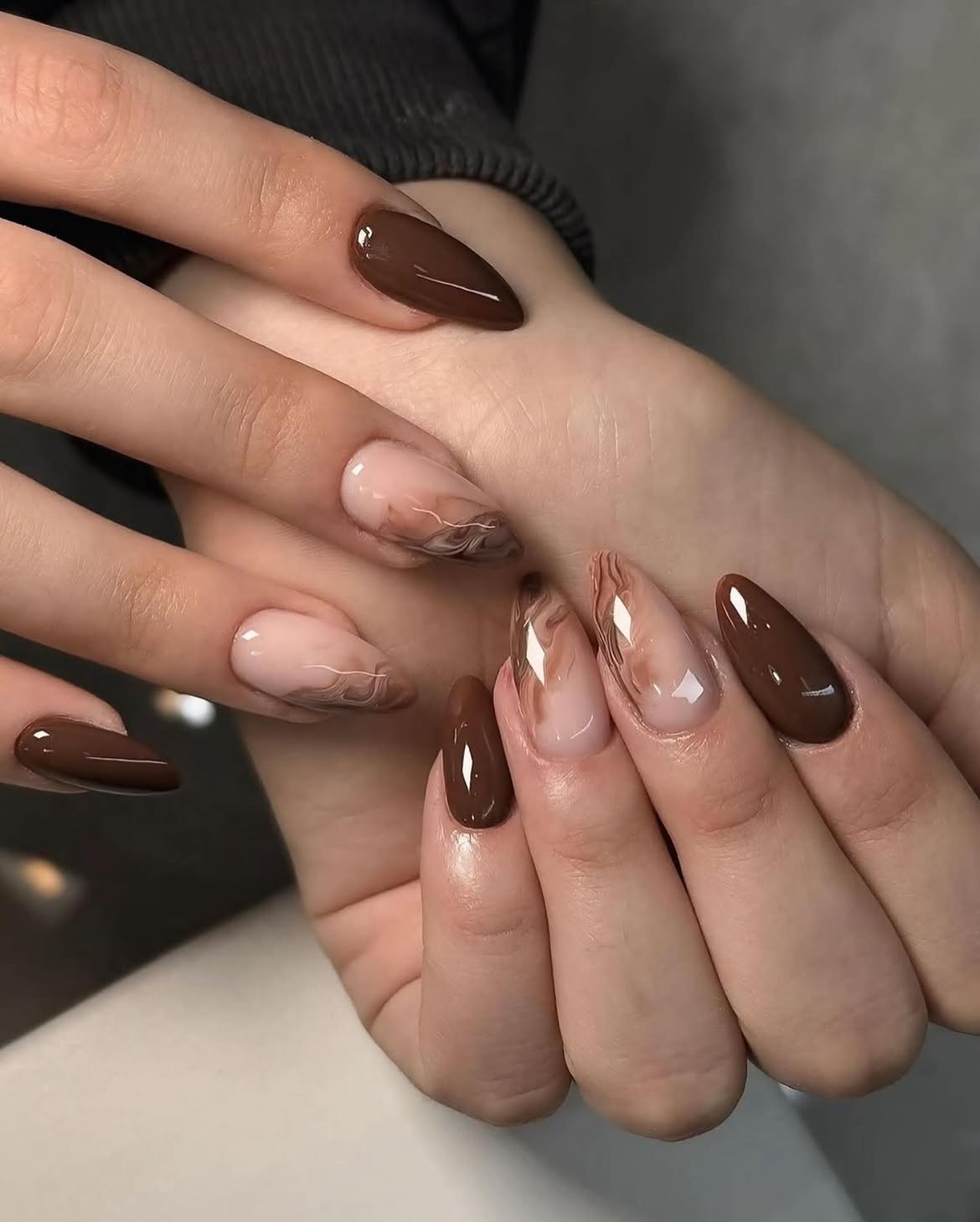 Rich Chocolate Marble Almond Nails