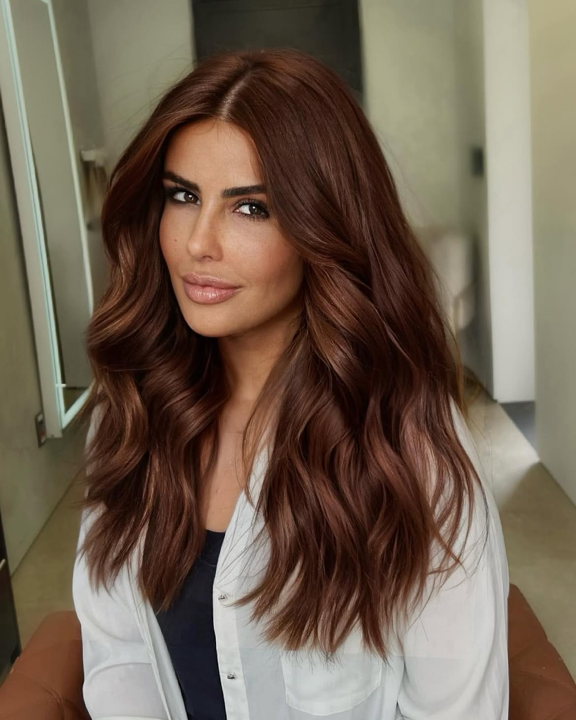 Rich Copper Brown Waves With Face Framing Layers