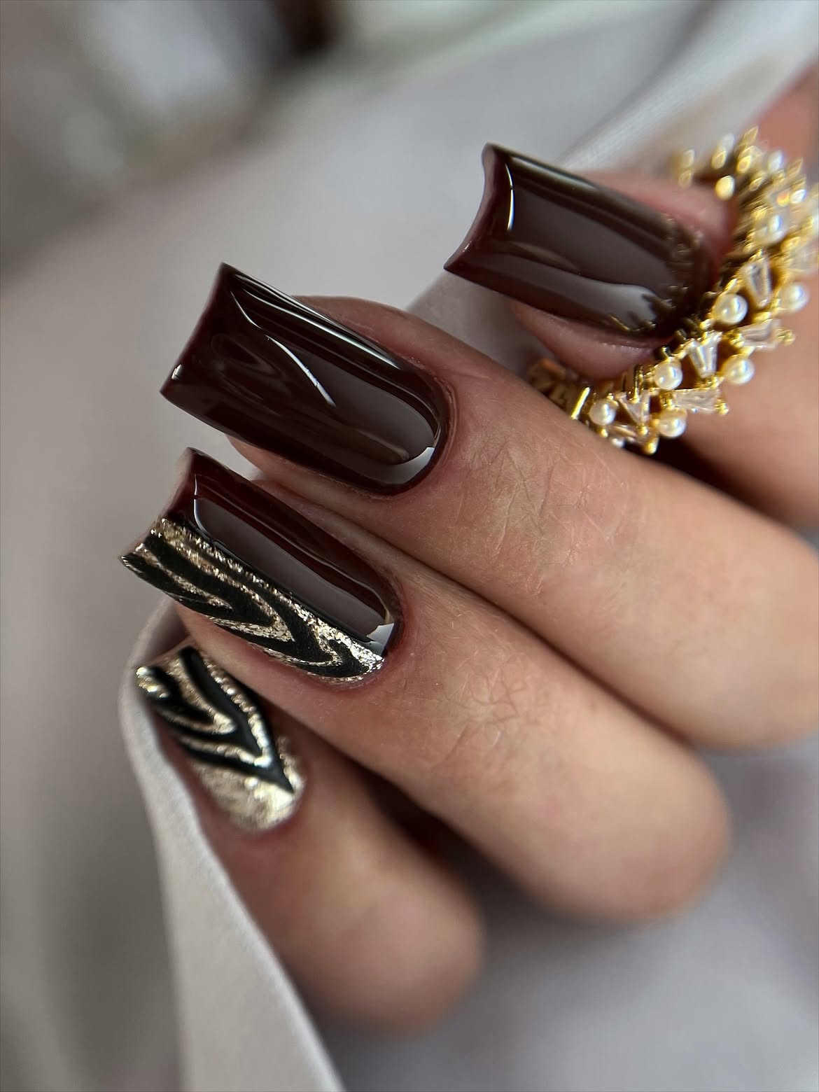Rich Espresso Brown Square Nails with Gold Zebra Art