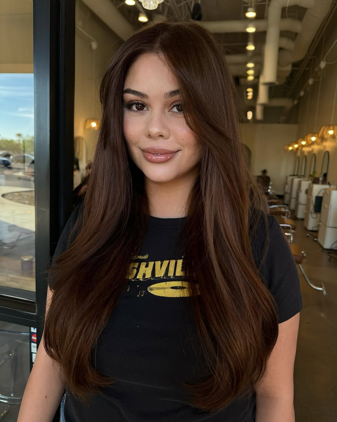 Rich Espresso Brunette With Long Layered Curtain Bangs
