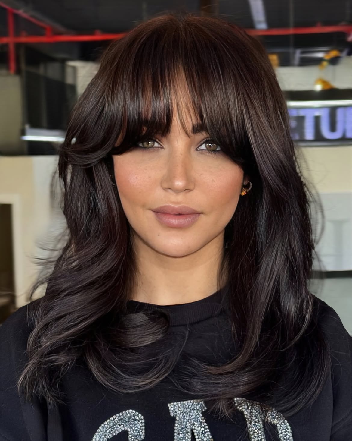 Rich Espresso Curtain Bangs With Soft Waves