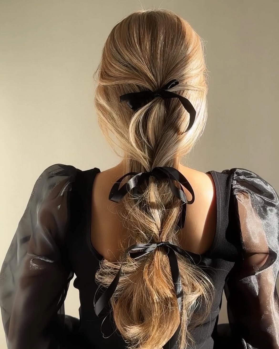 Romantic Braided Ponytail With Black Ribbon Bows