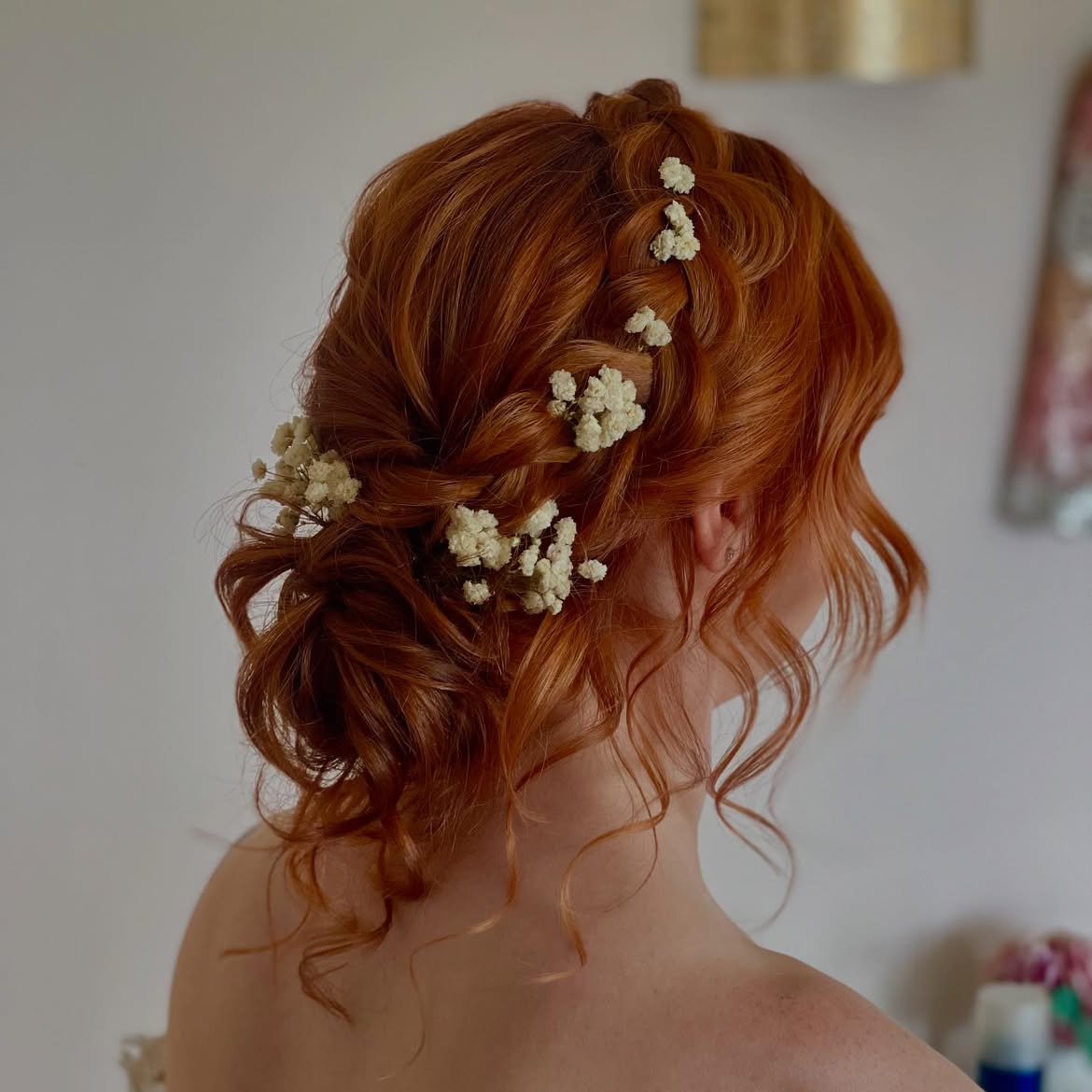 Romantic Red Braided Updo With Baby's Breath