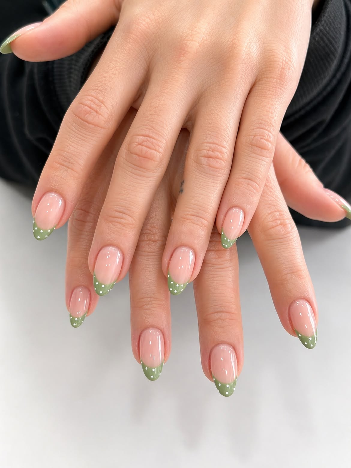 Sage Green French Tips With White Polka Dots