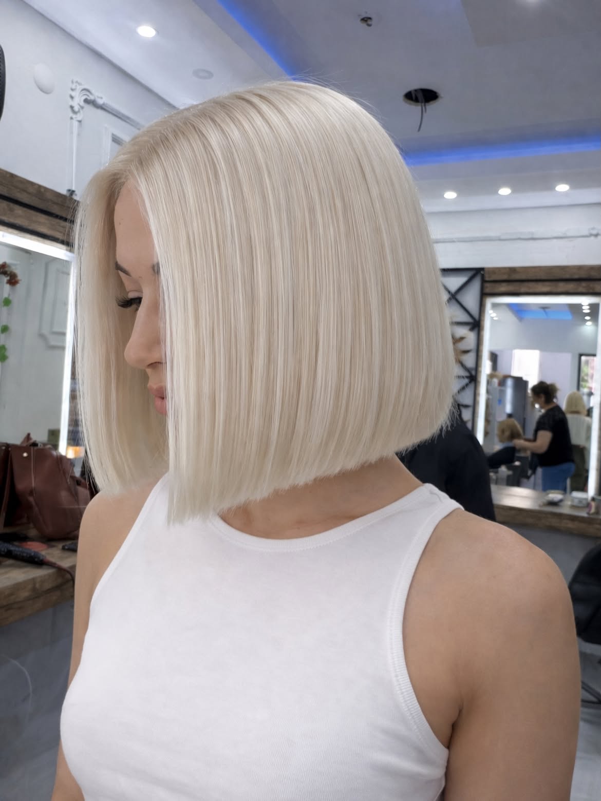 Sharp Platinum Blonde Bob With Sleek Finish